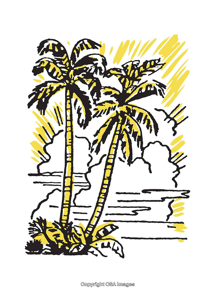 Stylized Illustration of Tropical Palm Trees Under Clear Skies