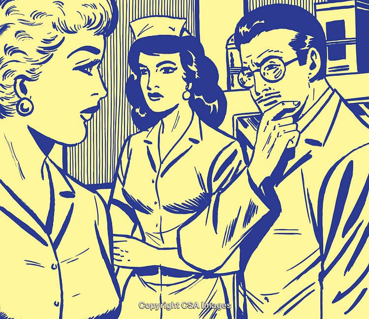 Retro Medical Illustration Featuring Healthcare Professionals in Thoughtful Conversation