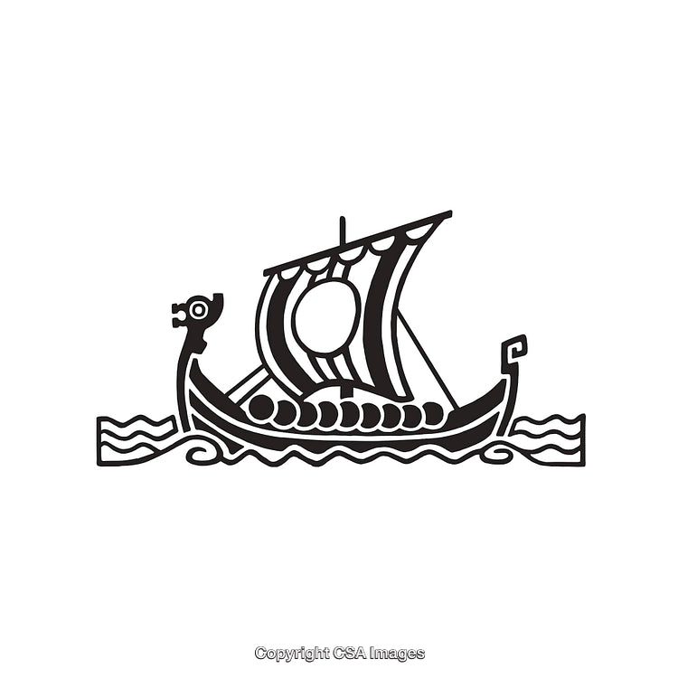Black and White Line Art of Viking Longship With Striped Sail