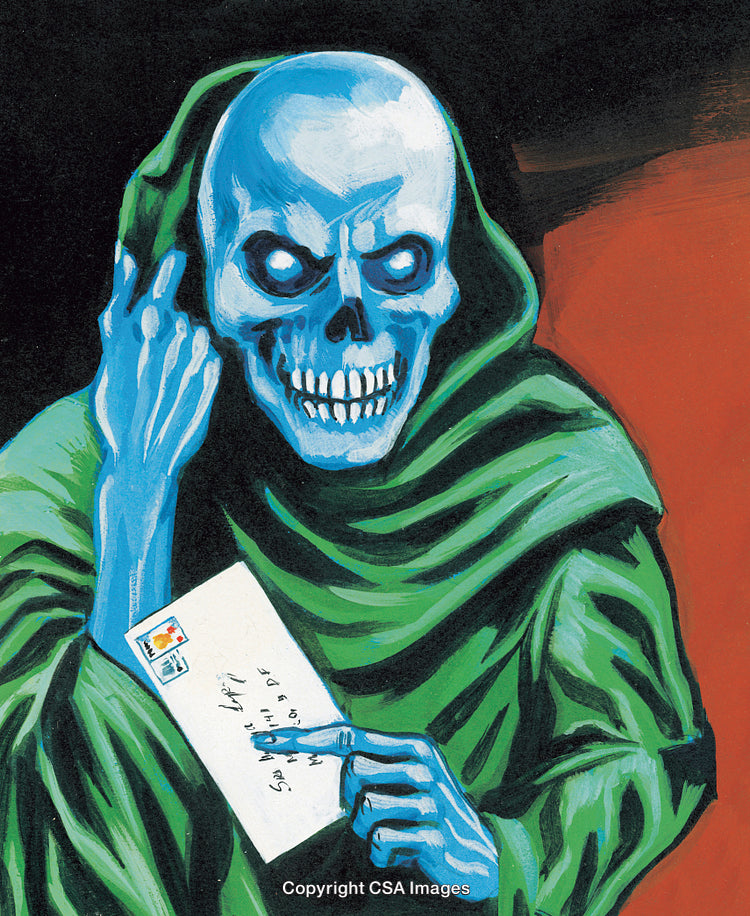 Eerie Skeleton Under Green Hood Holding a Letter in a Dark Setting