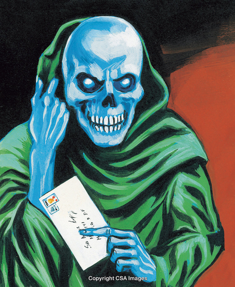 Eerie Skeleton Under Green Hood Holding a Letter in a Dark Setting