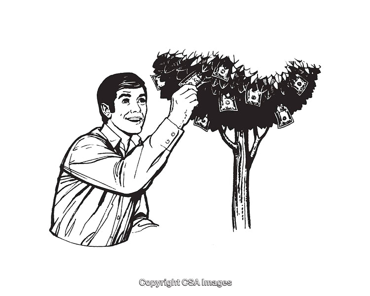 Man Plucking Banknotes From a Tree Symbolizing Financial Abundance