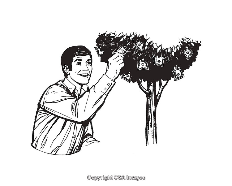Man Plucking Banknotes From a Tree Symbolizing Financial Abundance