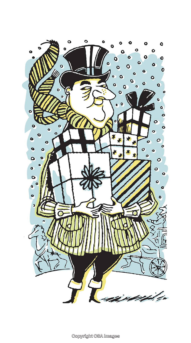 Illustration of a Man Holding Gifts in a Festive Winter Scene