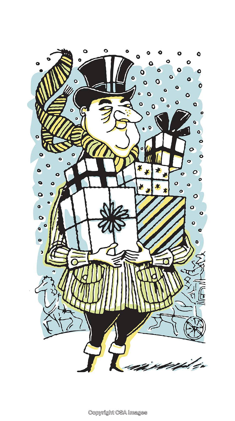 Illustration of a Man Holding Gifts in a Festive Winter Scene