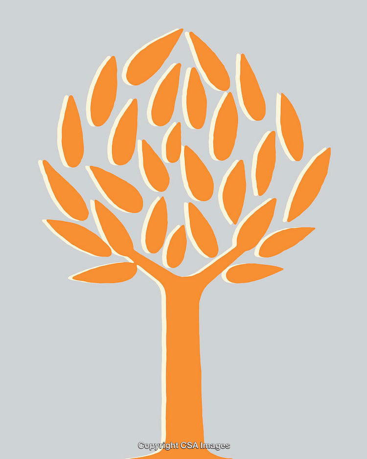 Abstract Tree Illustration with Orange Branches and Leaves on a Grey Background