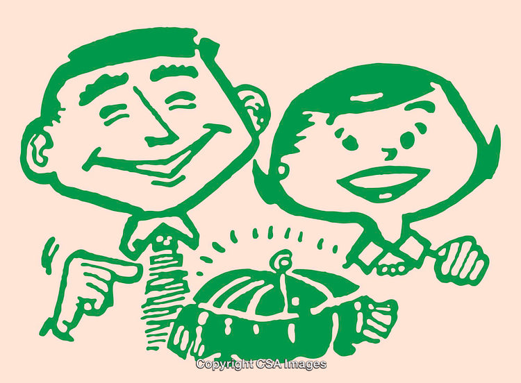 Retro Style Line Art of Smiling Characters and a Covered Dish