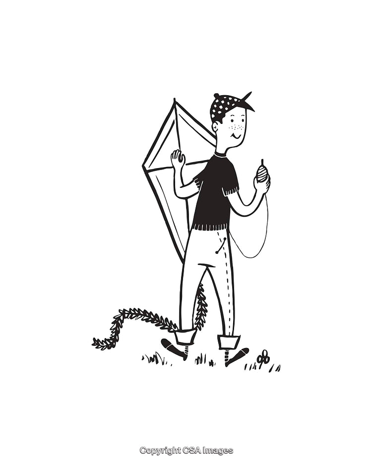 Black and White Line Art Illustration of a Boy Flying a Kite