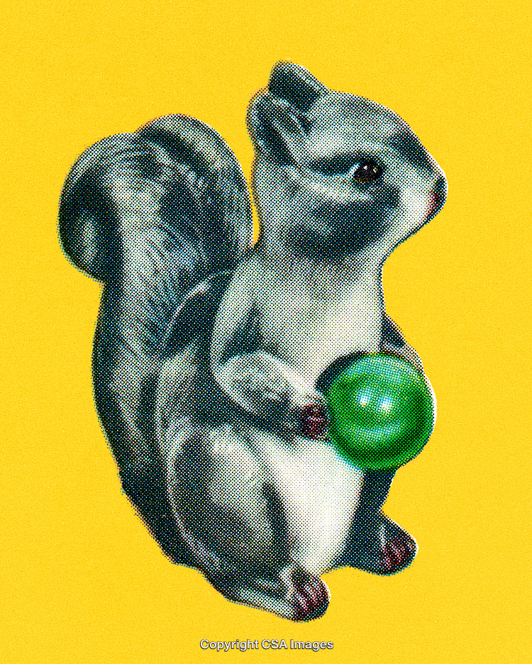 Vintage Illustration of a Squirrel Holding a Green Orb on Yellow Background