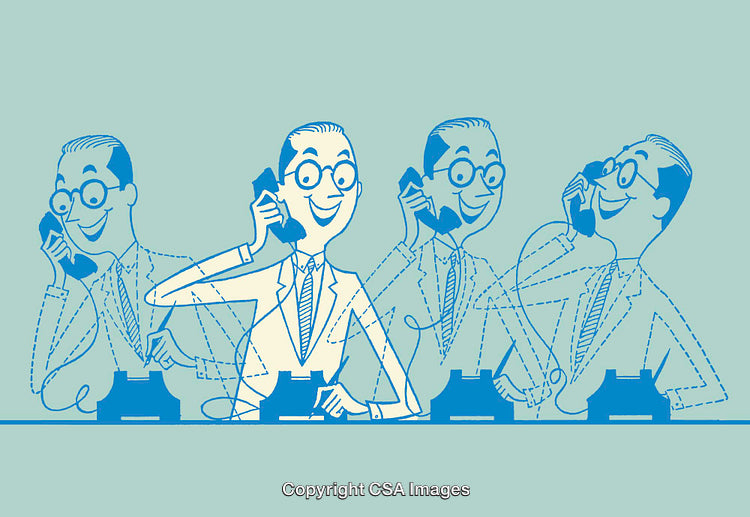 Retro Businessman in Animated Conversations Using Telephones