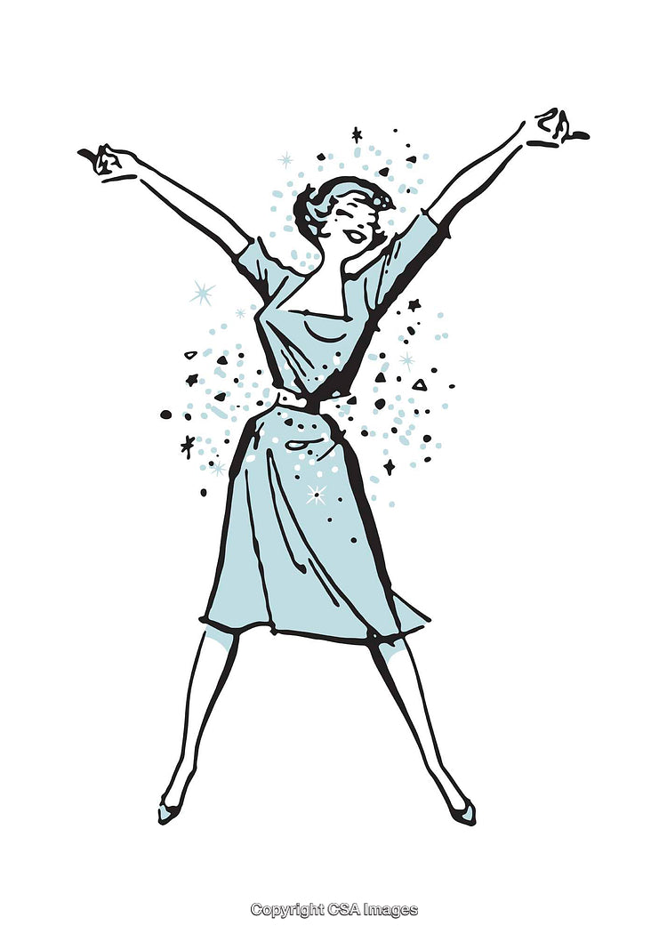 Excited Woman Spreading Arms in Joyful Retro Style Illustration