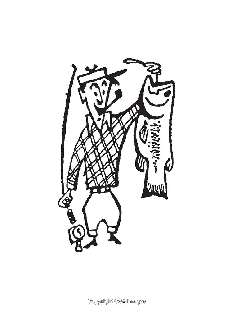Black and White Line Art of Fisherman Holding a Large Catch