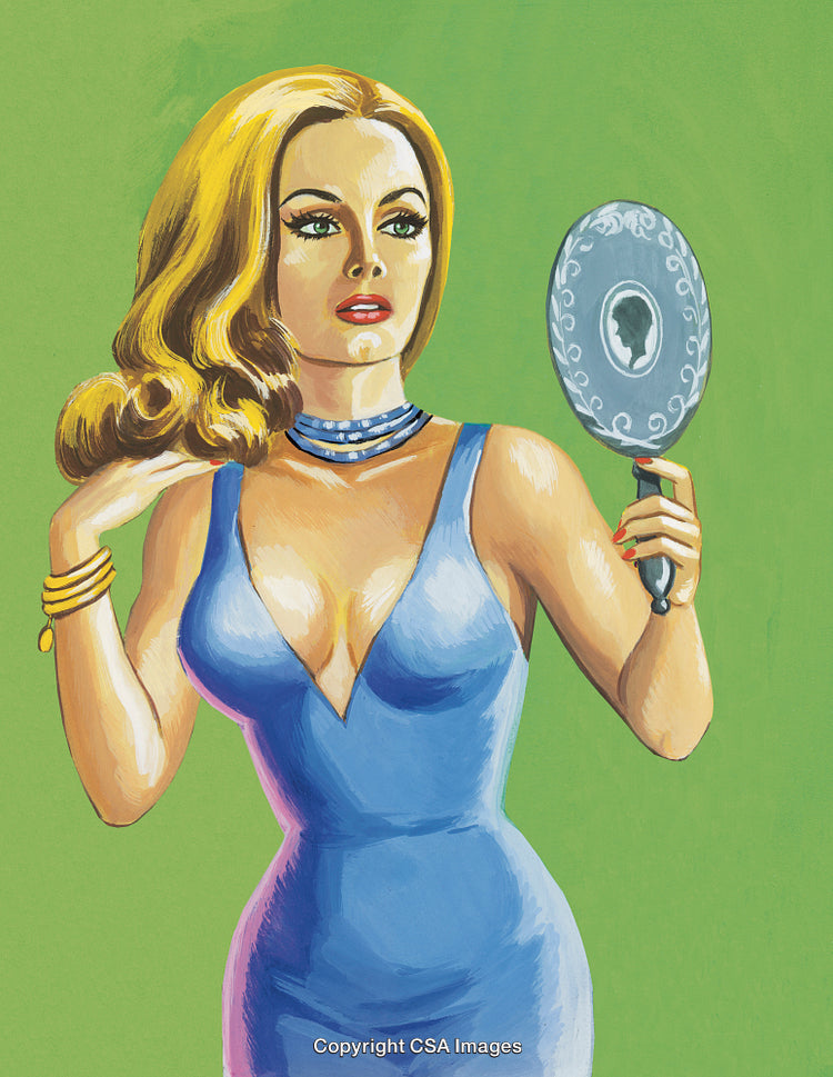 Elegant Woman Holding Mirror in Blue Dress with Vintage Glamour Style