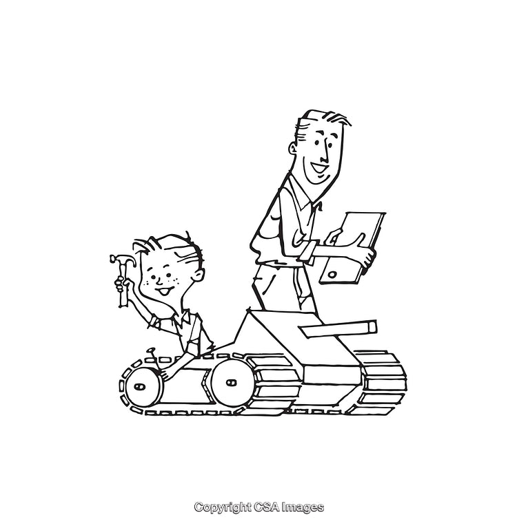 Father and Son Building Together Illustrated in Black and White Line Art