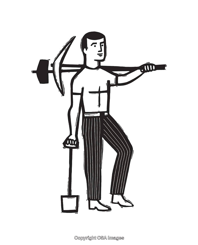 Black and White Illustration of a Man with Mining Tools
