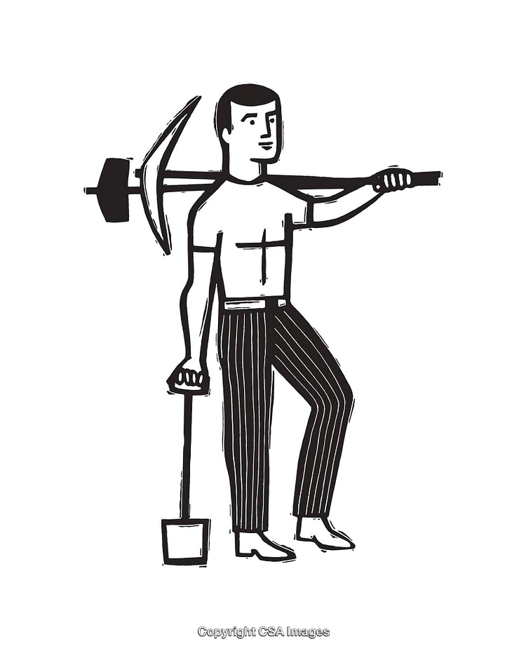 Black and White Illustration of a Man with Mining Tools