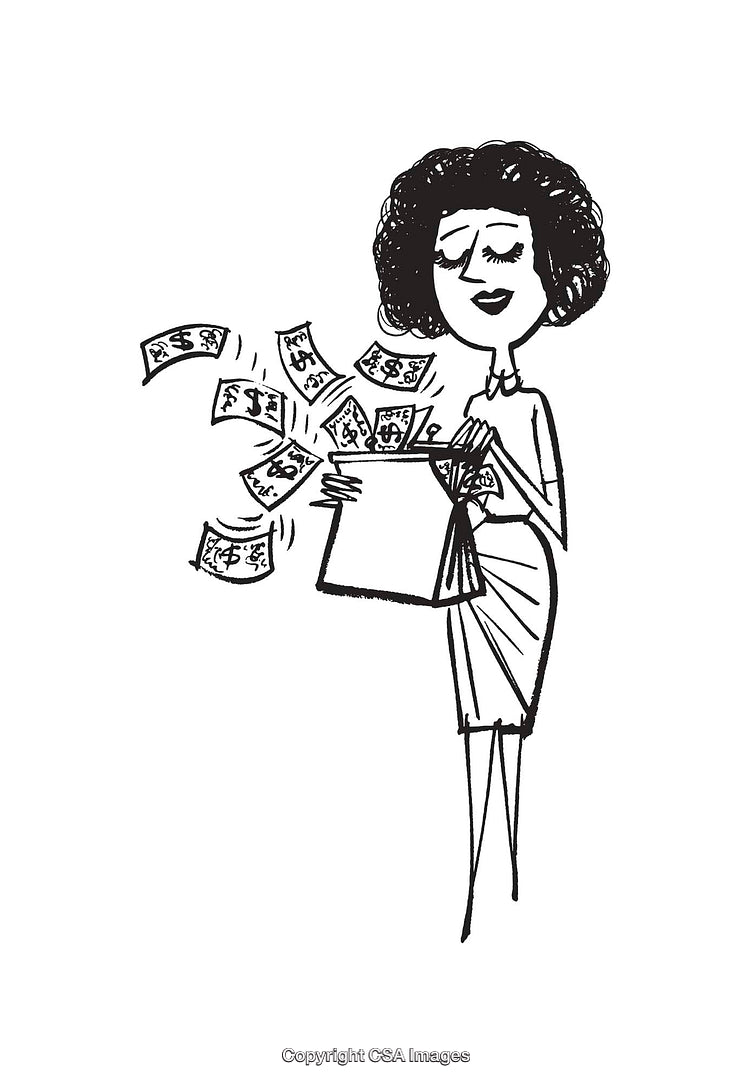 Woman Holding Open Bag with Flying Dollar Notes in Stylish Line Art