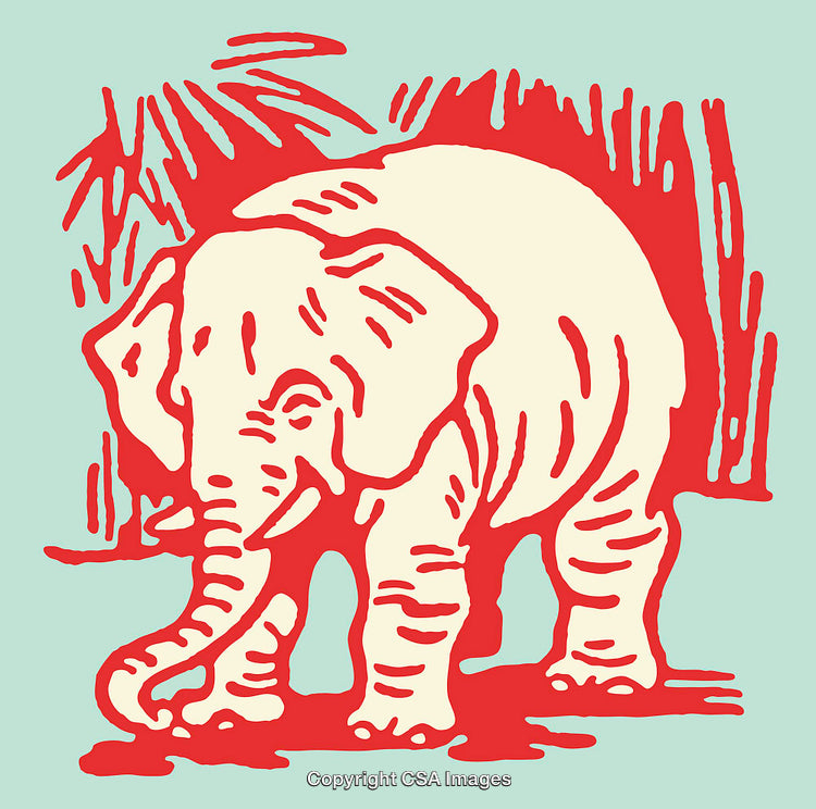 Stylized Elephant Artwork in Vibrant Red and Cream Tones