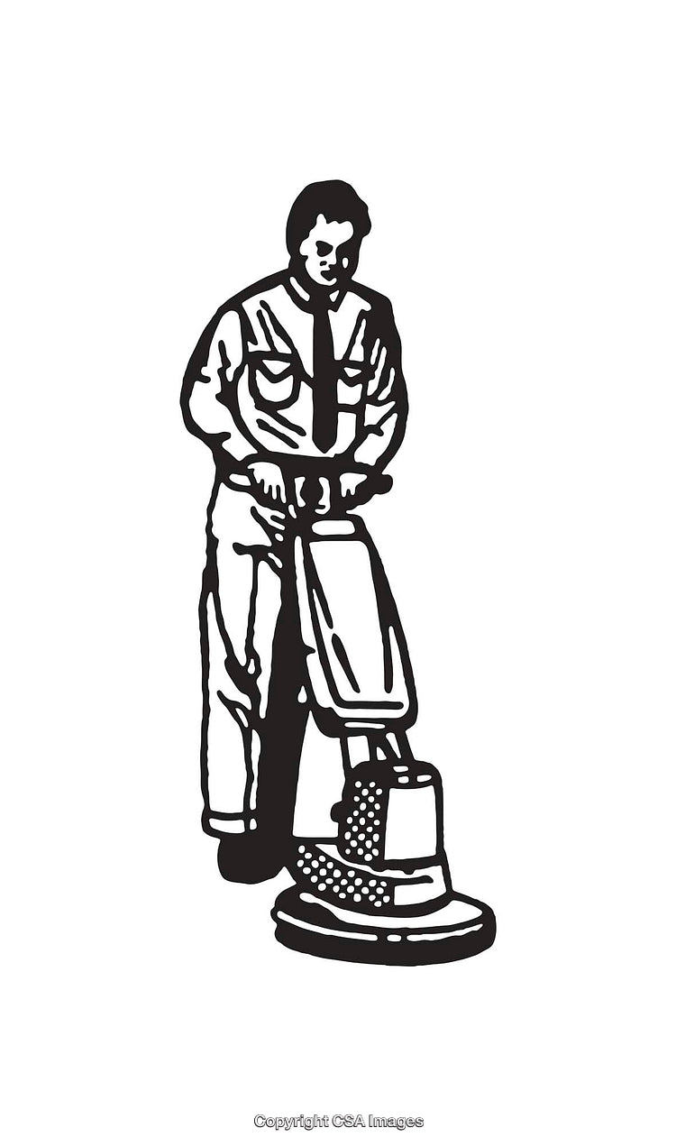 Monochrome Illustration of a Worker Using Floor Cleaning Equipment
