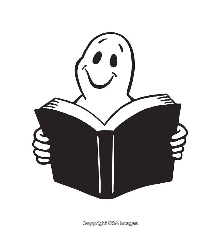 Happy Ghost Reading a Book in Black and White Line Art