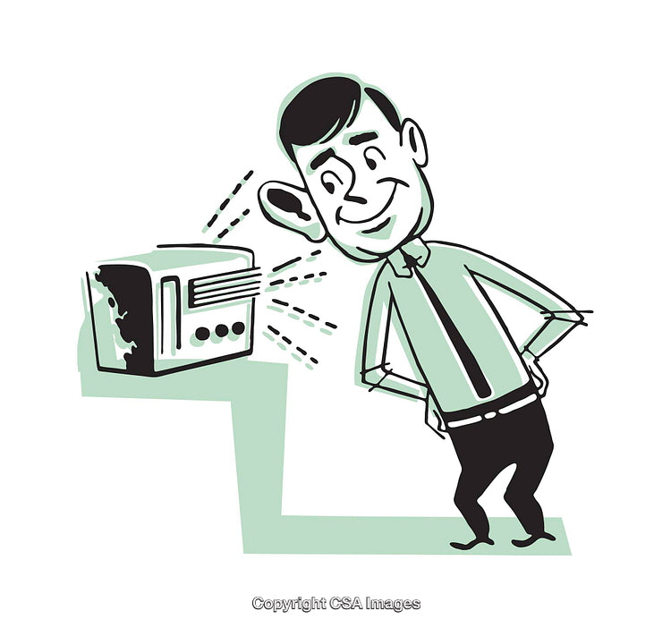 Retro Styled Color Illustration of Man Listening to Vintage Radio
