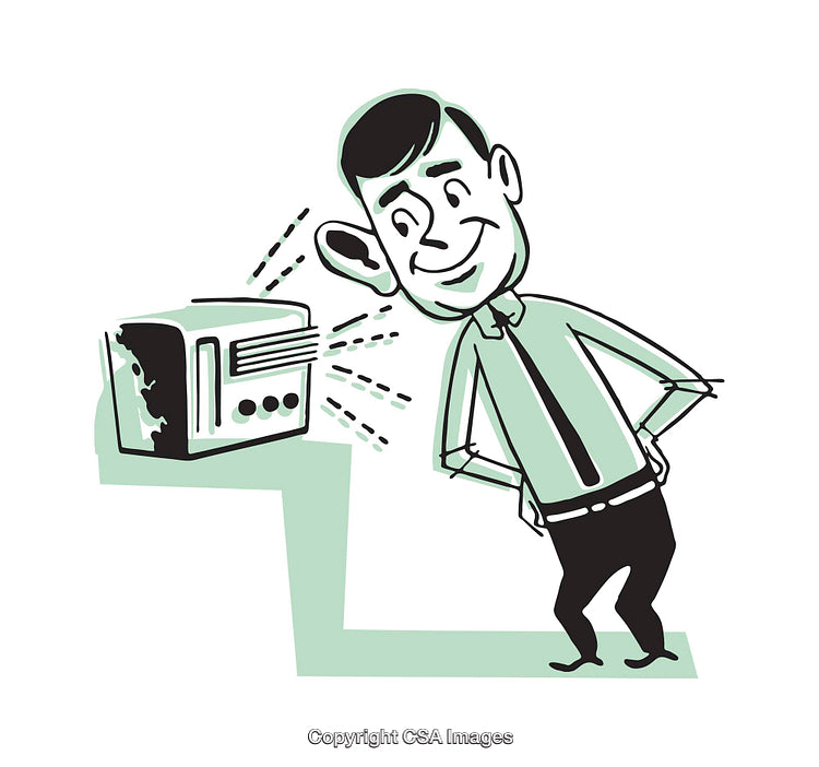 Retro Styled Color Illustration of Man Listening to Vintage Radio