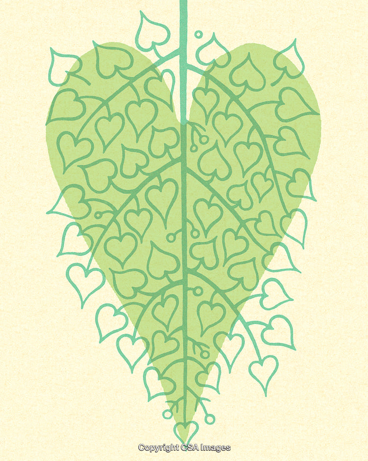 Artistic Depiction of Leaf Design with Heart Shapes in Green on Beige Background