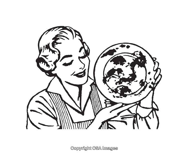 Vintage Black and White Line Art of a Woman Holding a Dirty Plate