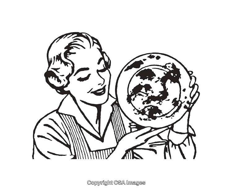 Vintage Black and White Line Art of a Woman Holding a Dirty Plate