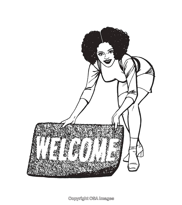 Black and White Illustration of Woman Placing Welcome Mat
