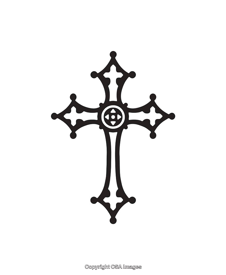 Decorative Black and White Cross Icon with Intricate Design Details