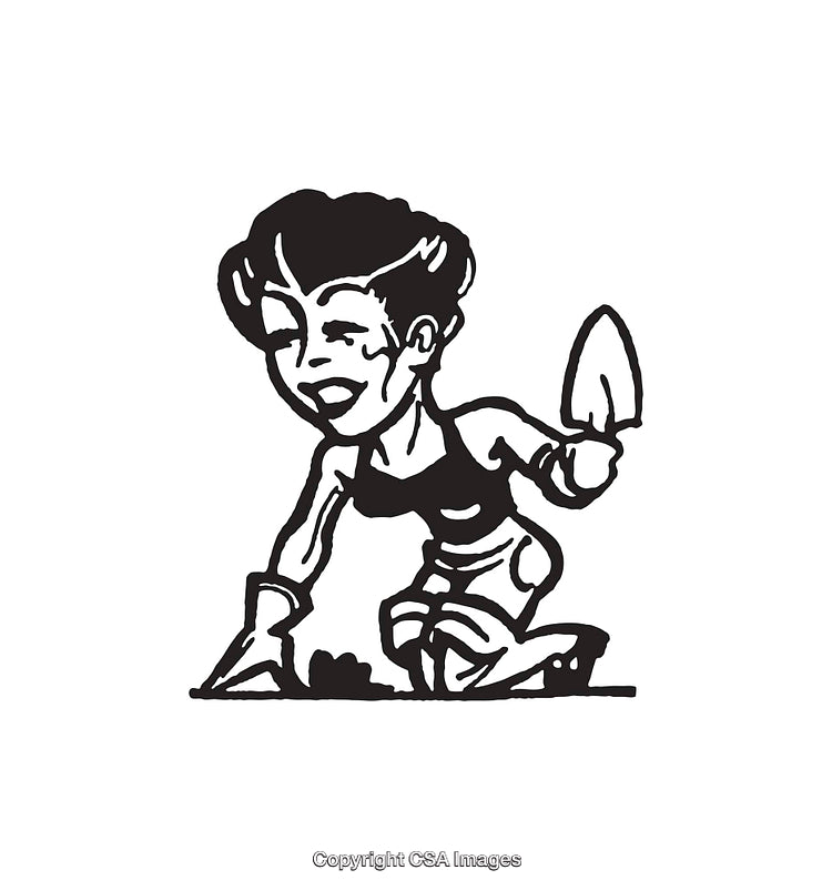 Black and White Illustration of Woman Gardening with Hand Shovel