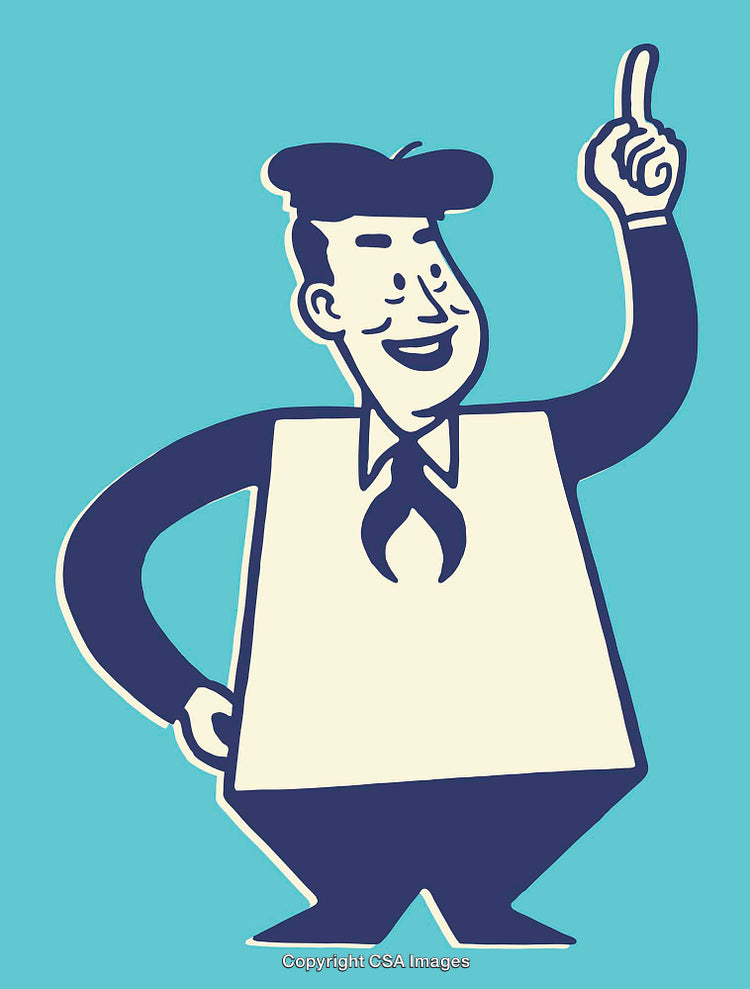 Retro Styled Businessman Illustration with Smiling Face and Raised Hand Gesture