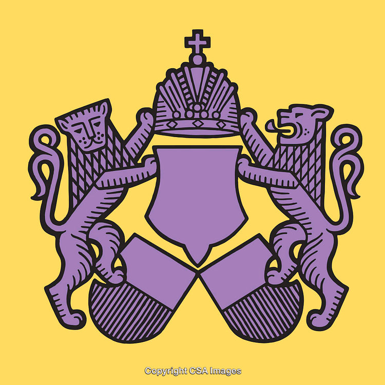Purple Heraldry Design with Lions and Crown on Yellow Background