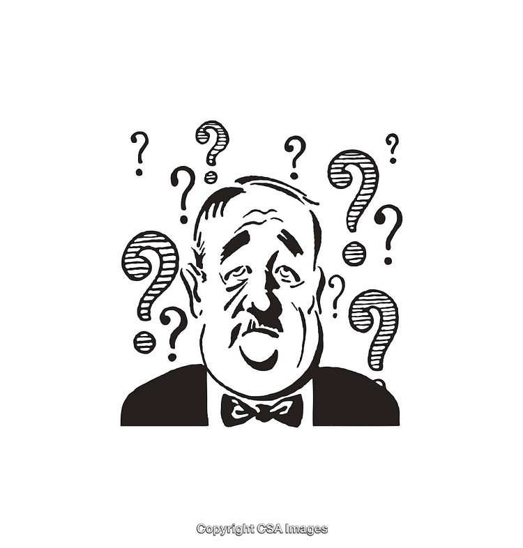 Black and White Illustration of Confused Man Surrounded by Question Marks