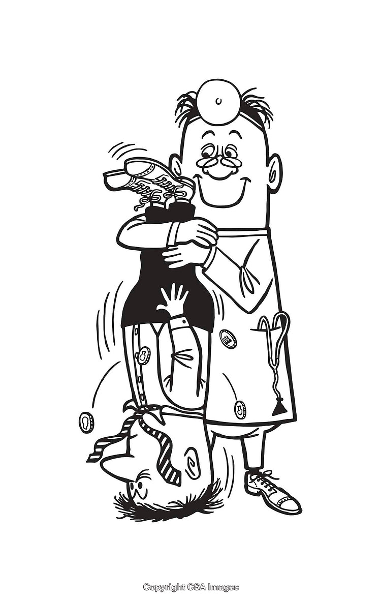 Humorous Line Art of Doctor Shaking Out Coins From a Patient