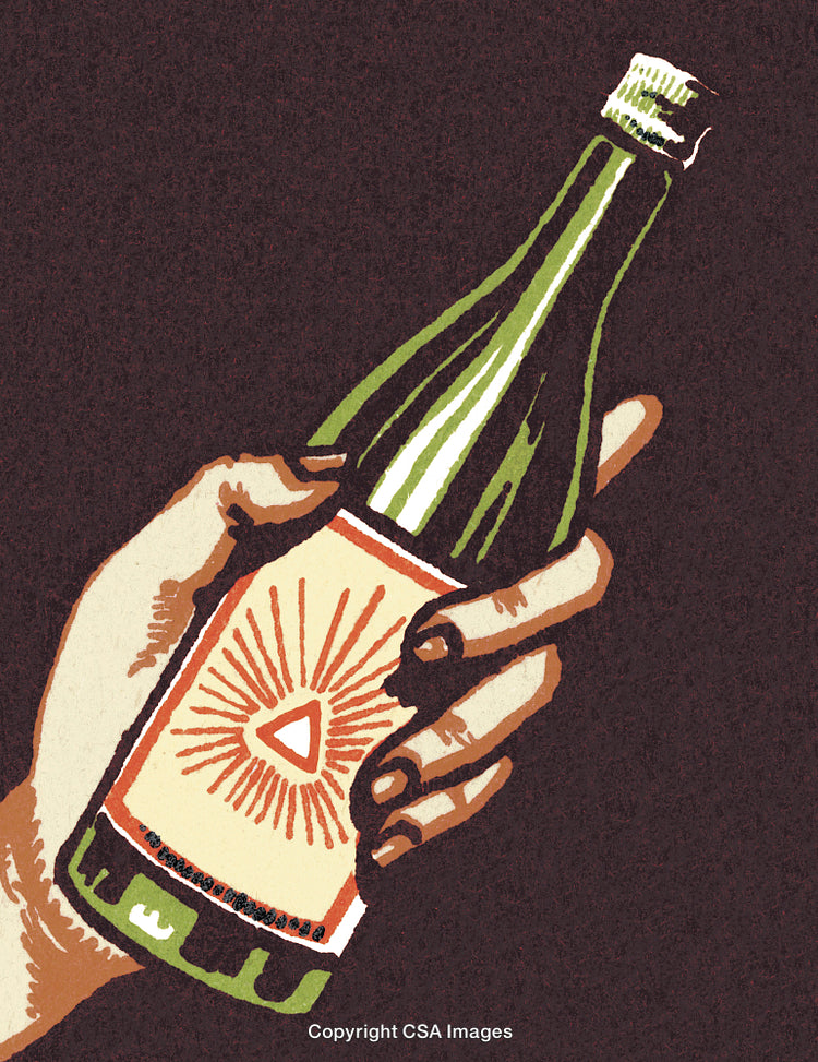 Stylized Illustration of a Hand Holding a Glass Bottle with a Detailed Label