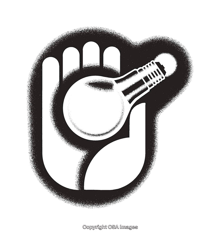 Hand Holding a Light Bulb Black and White Conceptual Line Art