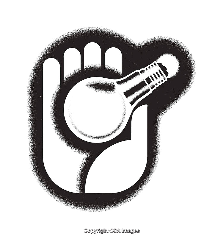Hand Holding a Light Bulb Black and White Conceptual Line Art