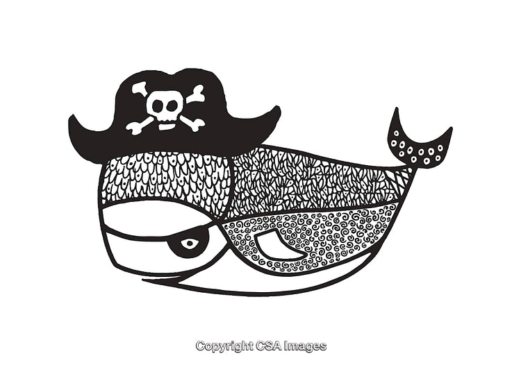 Whimsical Whale in Pirate Hat Line Art Illustration