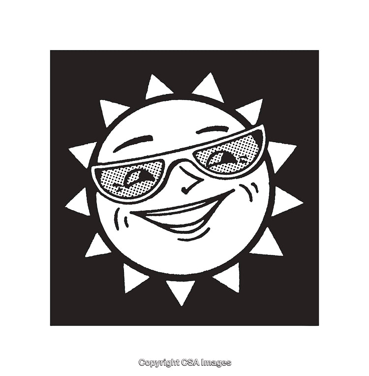 Smiling Sun Wearing Sunglasses in Black and White Line Art Illustration