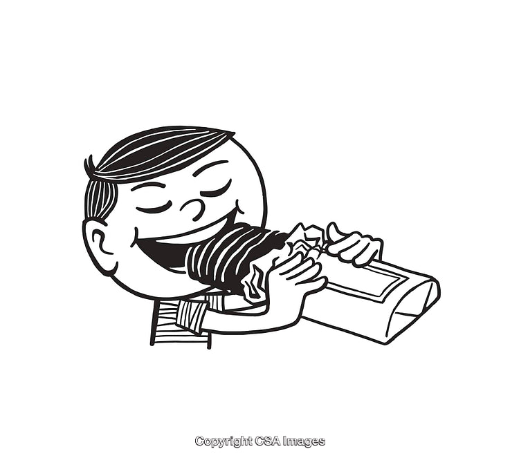 Black and White Illustration of Boy Enjoying Chocolate Treat