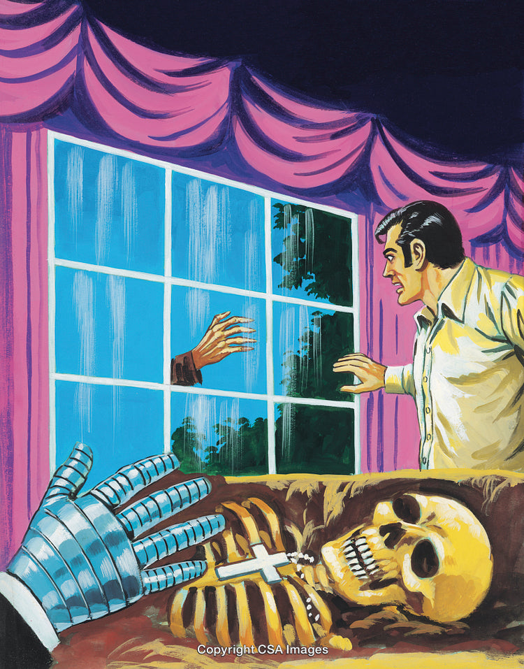 Mysterious Skeletal Scene With Robot Arm and Suspenseful Window Interaction