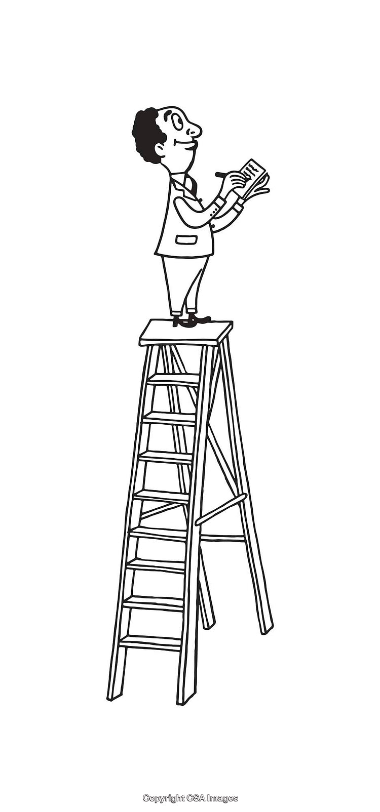 Businessman Holding Notebook While Balancing on Tall Stepladder Line Art