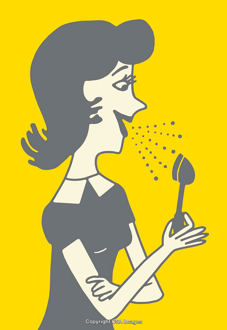 Retro Style Cartoon of Woman with a Spoon on Vibrant Yellow Background