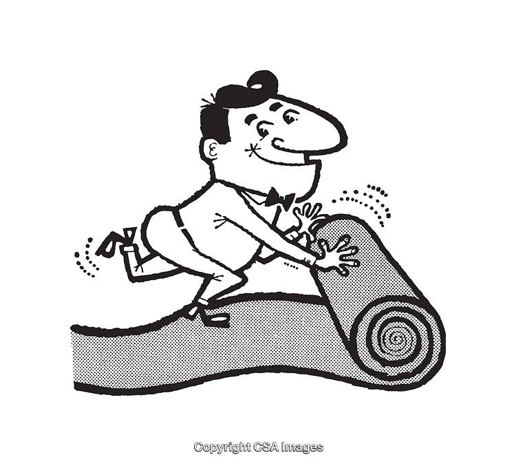 Retro Style Cartoon Man Rolling Up a Rug in Black and White Artwork