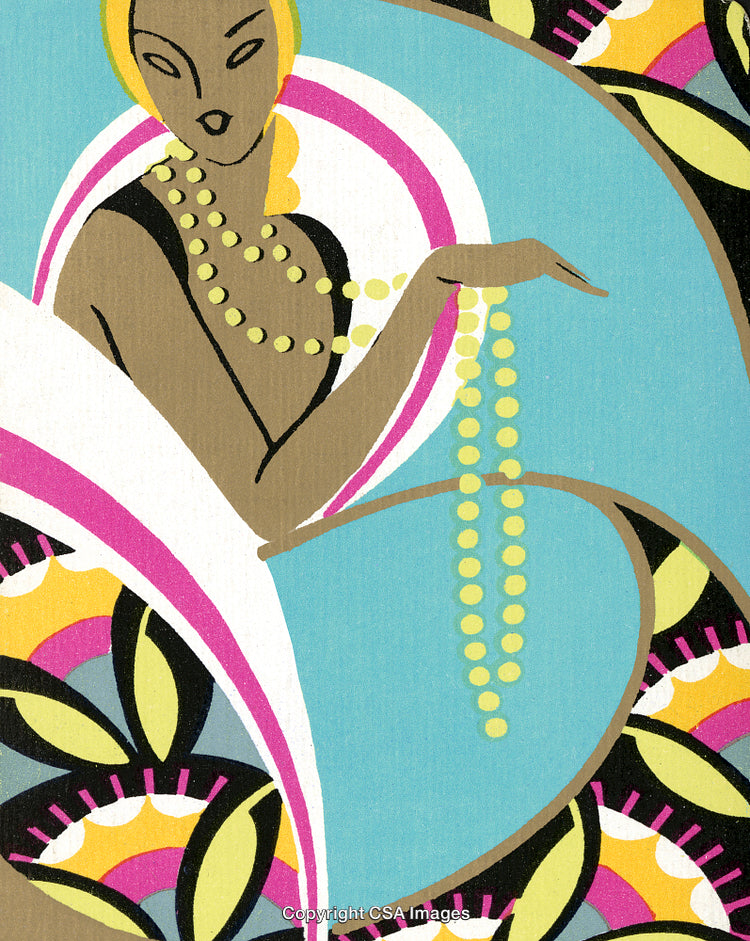Elegant Art Deco Illustration of a Woman with Stylish Necklace Design
