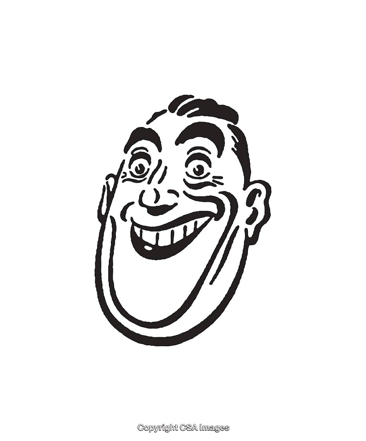 Vintage Black Ink Drawing of Smiling Cartoon Face with Exaggerated Features