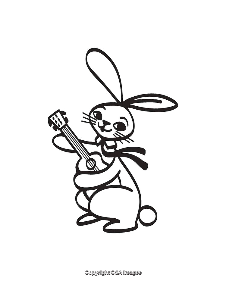 Illustration of a Rabbit Playing Guitar in Black and White Line Art