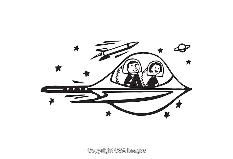 Black and White Spacecraft Illustration With Characters and Cosmic Background